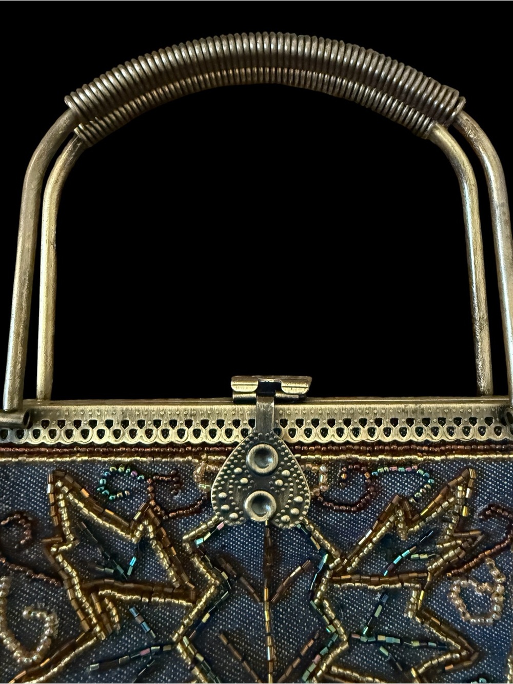 Vintage Beaded Evening Bag Blue Jeweled Frame Purse Art Deco Boho Statement Hbag - Picture 4 of 7